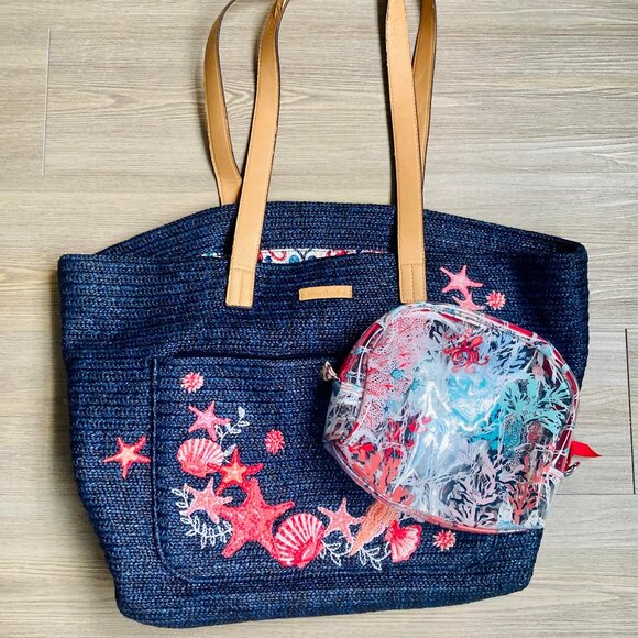 Vera Bradley Large Navy Blue Straw Tote Bag Sea Life Embroidered Seashells Beach - Picture 1 of 3